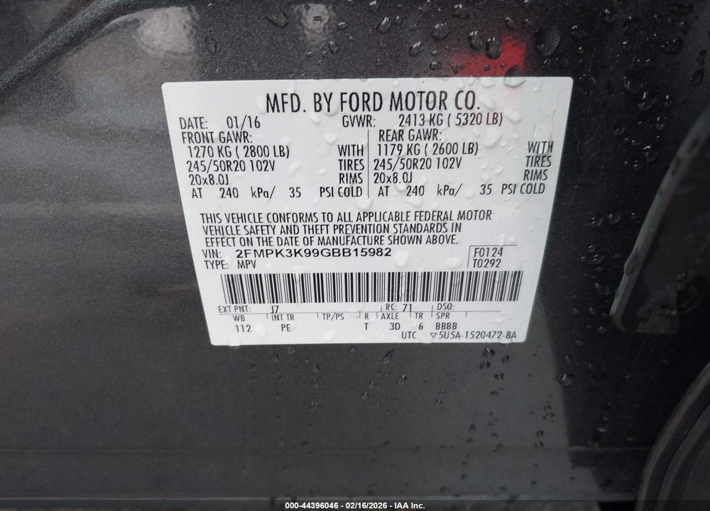 2016 FORD EDGE TITANIUM VIN: 2FMPK3K99GBB15982