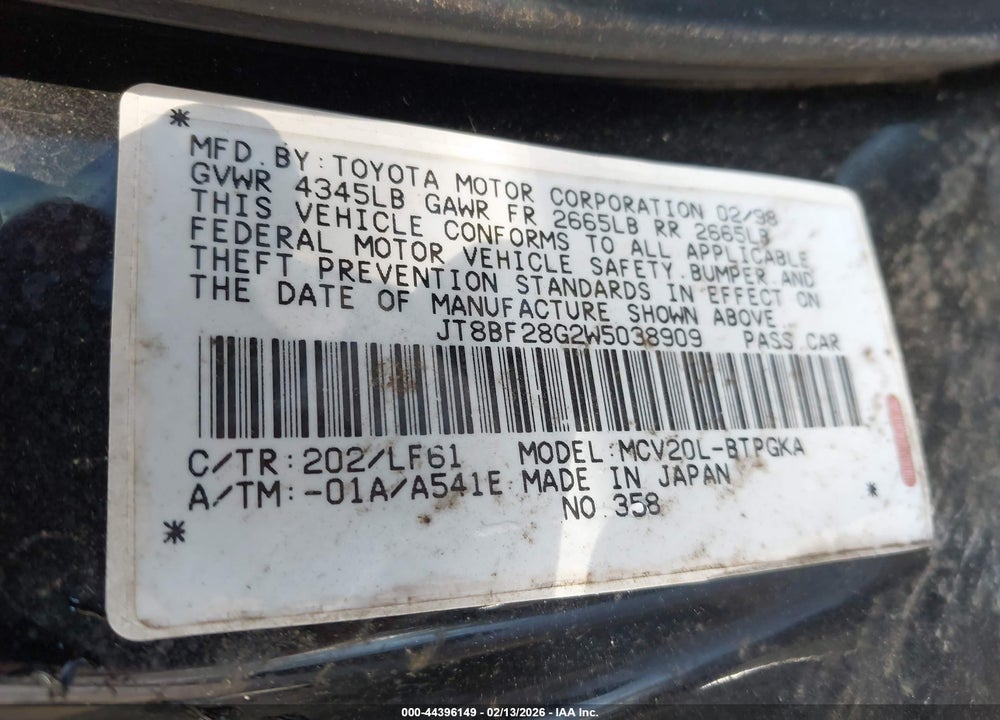 1998 LEXUS ES 300 VIN: JT8BF28G2W5038909