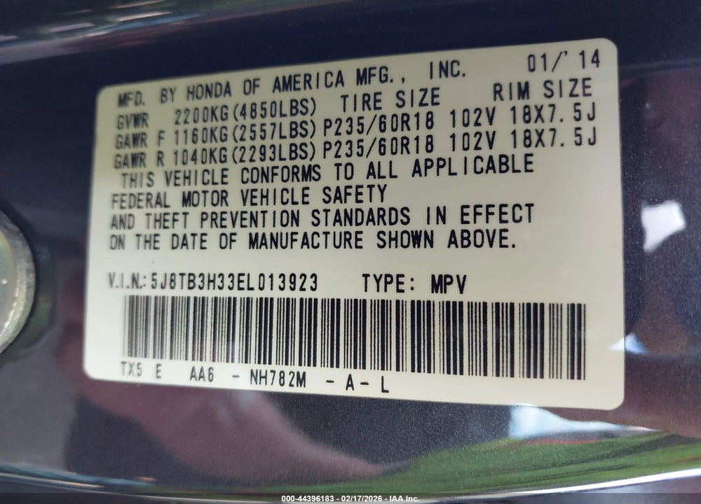 2014 ACURA RDX VIN: 5J8TB3H33EL013923