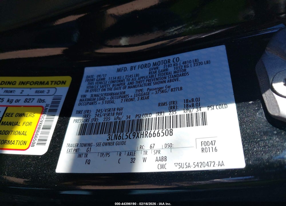 2017 LINCOLN MKZ SELECT VIN: 3LN6L5C9XHR666508