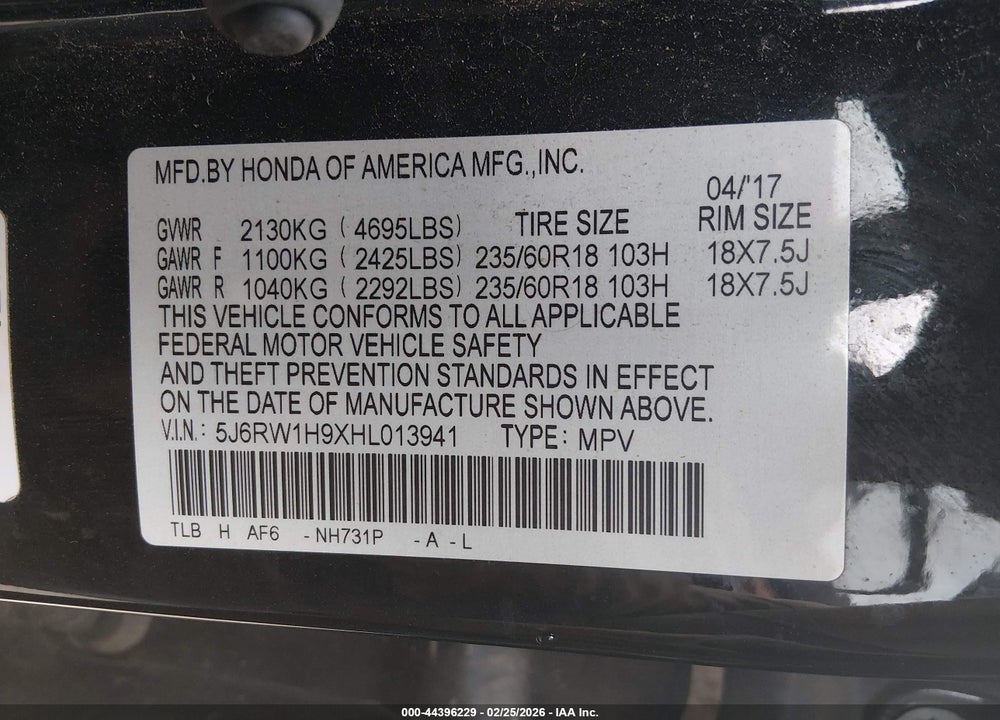 2017 HONDA CR-V TOURING VIN: 5J6RW1H9XHL013941