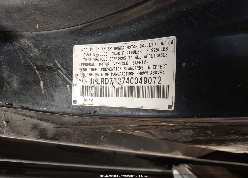 2004 HONDA CR-V EX VIN: JHLRD78874C049072