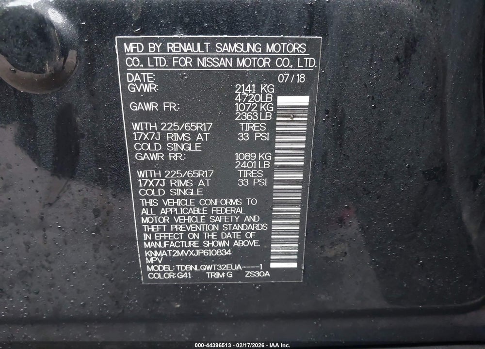 2018 NISSAN ROGUE SV VIN: KNMAT2MVXJP610834
