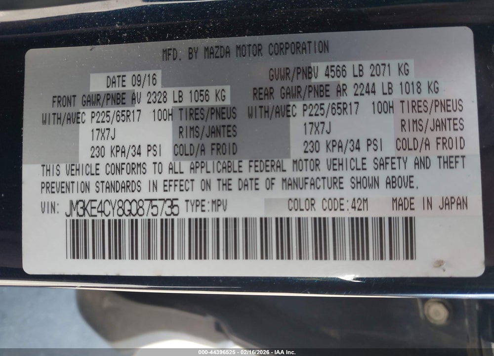 2016 MAZDA CX-5 TOURING VIN: JM3KE4CY8G0875735