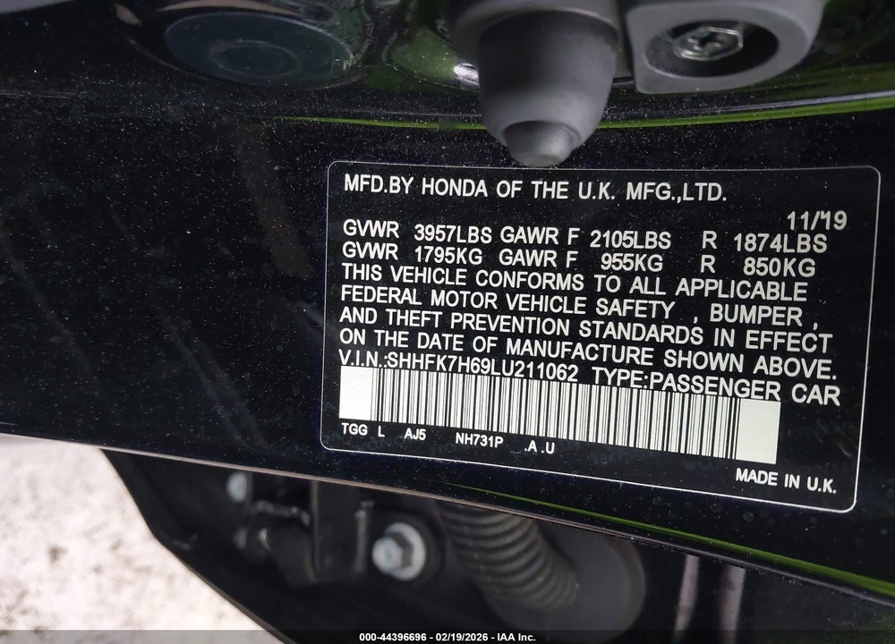 2020 HONDA CIVIC EX VIN: SHHFK7H69LU211062