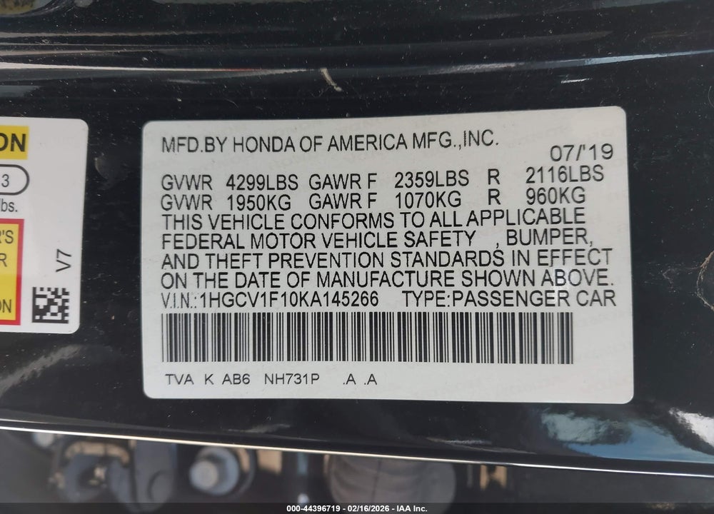 2019 HONDA ACCORD LX VIN: 1HGCV1F10KA145266