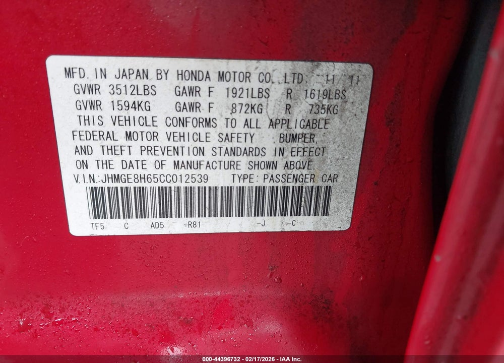 2012 HONDA FIT SPORT VIN: JHMGE8H65CC012539