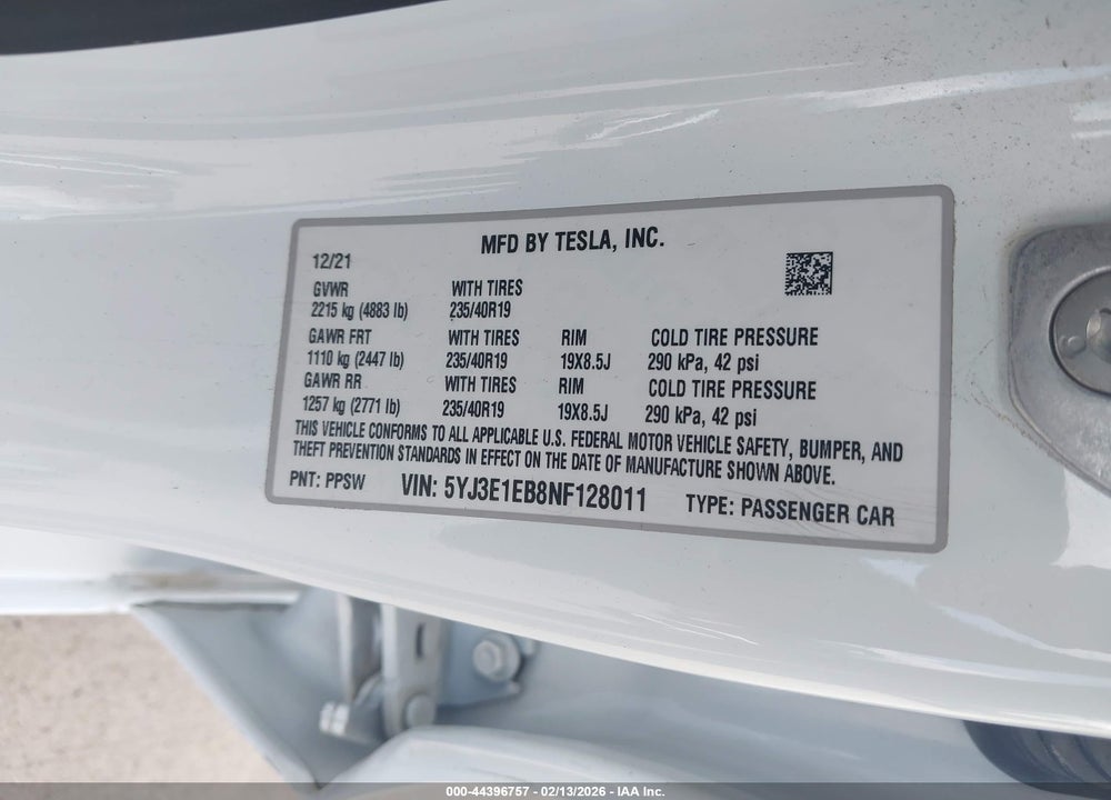2022 TESLA MODEL 3 LONG RANGE DUAL MOTOR ALL-WHEEL DRIVE VIN: 5YJ3E1EB8NF128011