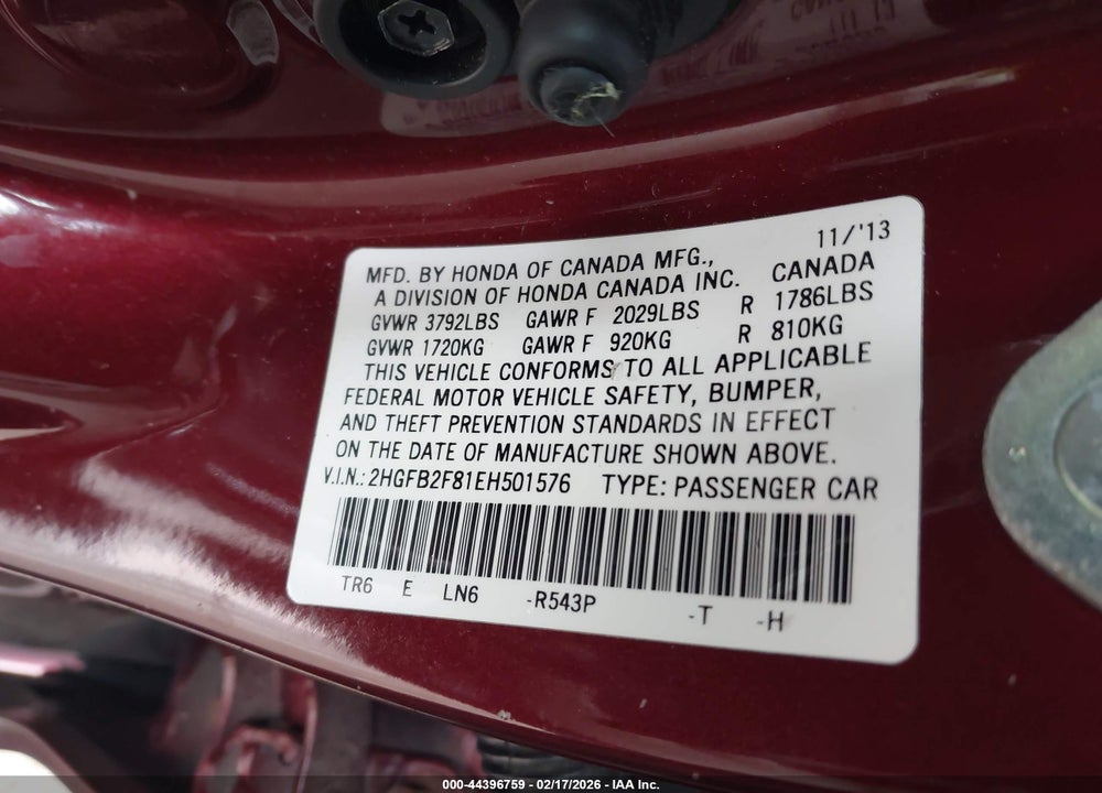2014 HONDA CIVIC EX VIN: 2HGFB2F81EH501576