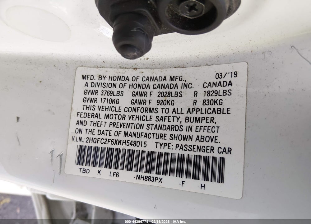 2019 HONDA CIVIC LX VIN: 2HGFC2F6XKH548015