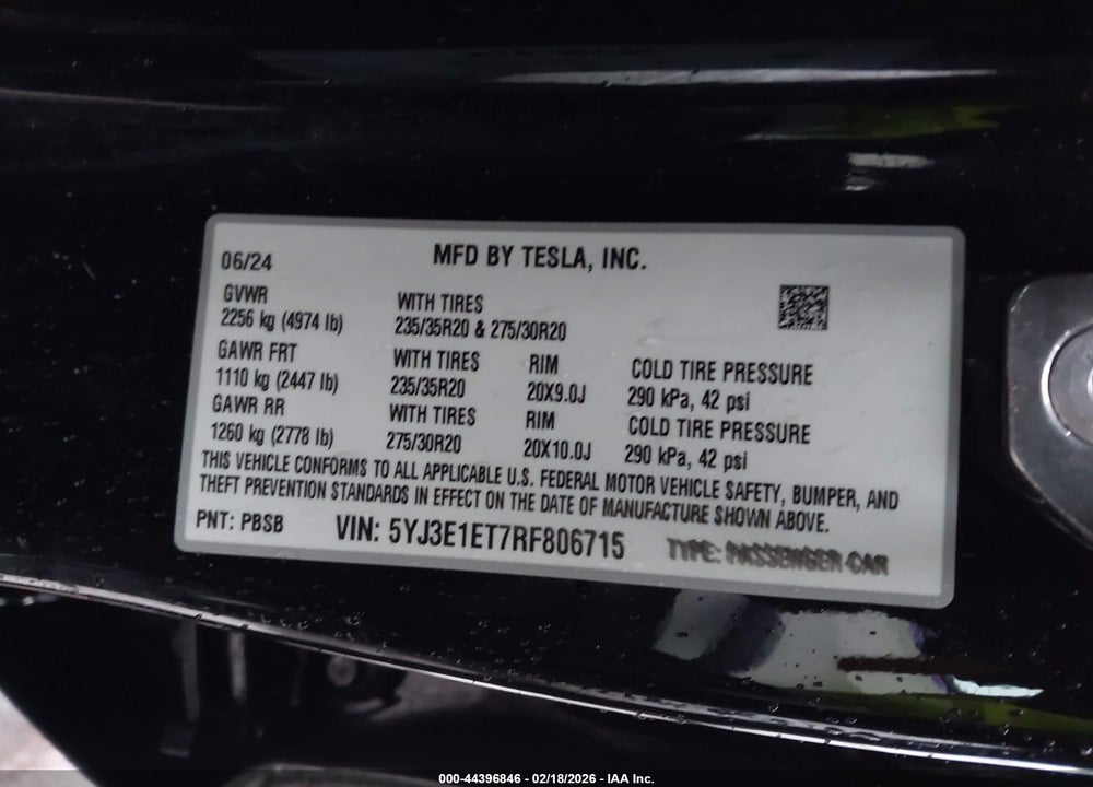 2024 TESLA MODEL 3 PERFORMANCE ALL-WHEEL DRIVE VIN: 5YJ3E1ET7RF806715