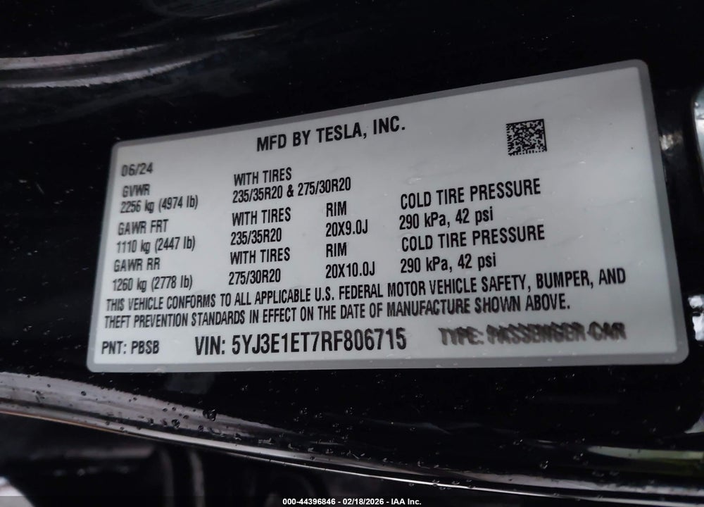 2024 TESLA MODEL 3 PERFORMANCE ALL-WHEEL DRIVE VIN: 5YJ3E1ET7RF806715