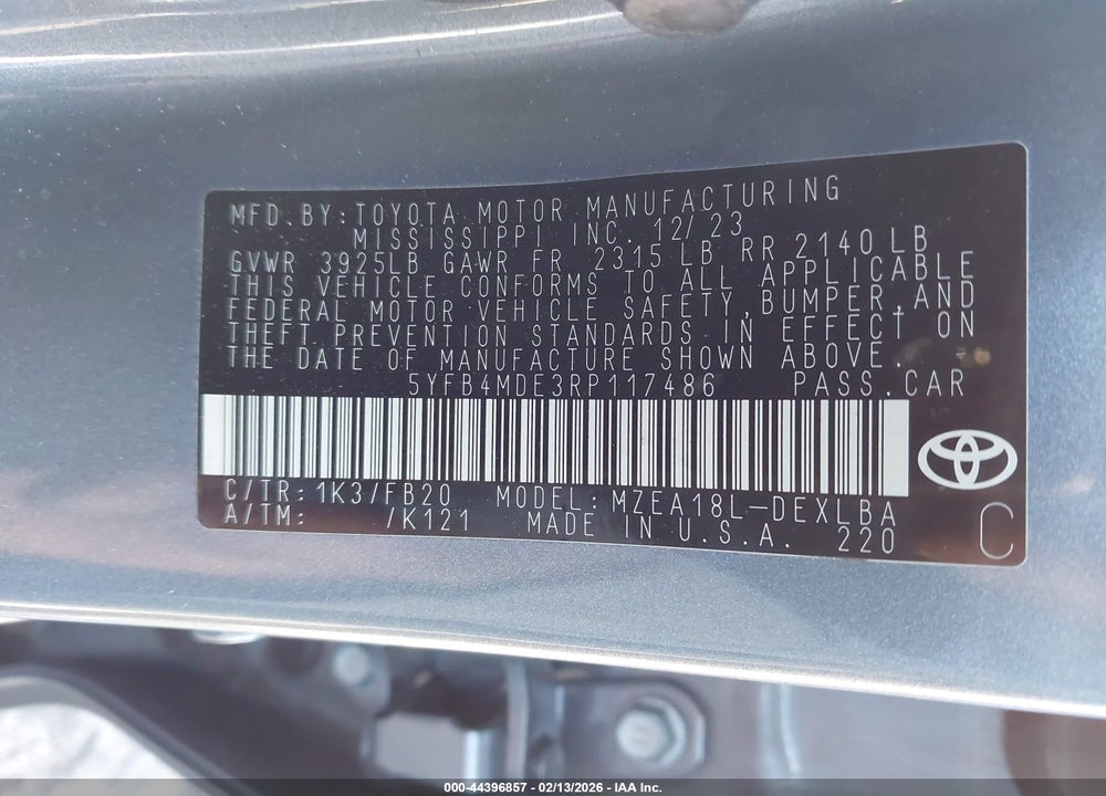 2024 TOYOTA COROLLA LE VIN: 5YFB4MDE3RP117486