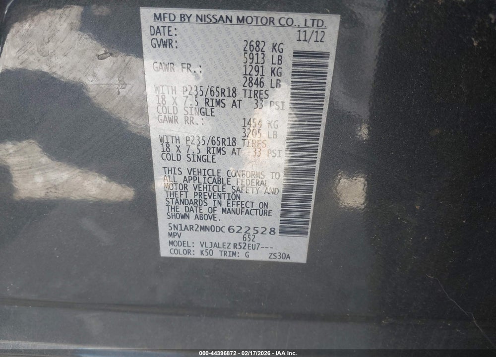 2013 NISSAN PATHFINDER SV VIN: 5N1AR2MN0DC622528