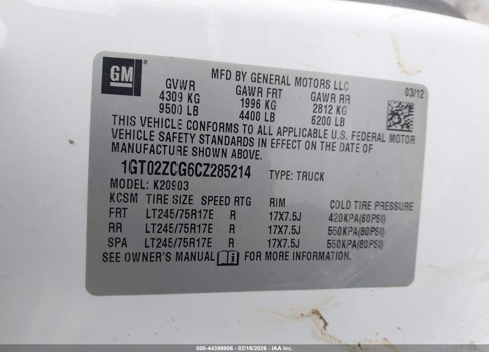 2012 GMC SIERRA 2500HD WORK TRUCK VIN: 1GT02ZCG6CZ285214