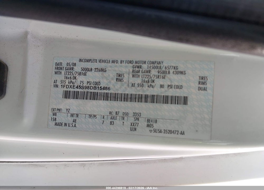 2008 FORD E-450 CUTAWAY VIN: 1FDXE45S98DB15486