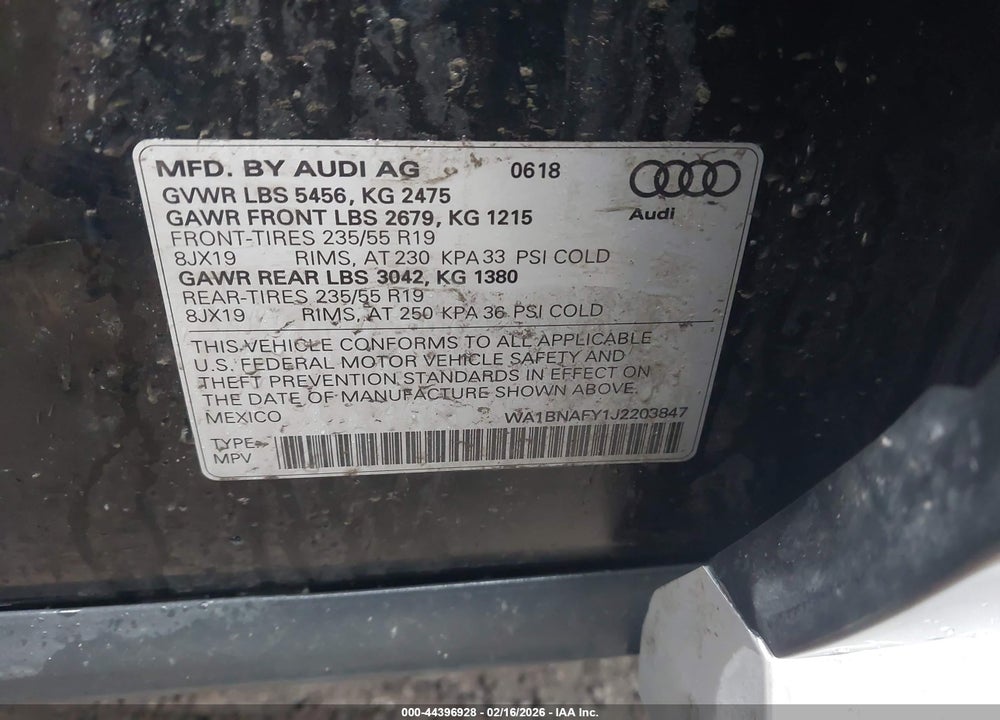 2018 AUDI Q5 2.0T PREMIUM/2.0T TECH PREMIUM VIN: WA1BNAFY1J2203847