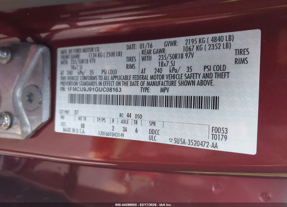 2016 FORD ESCAPE TITANIUM VIN: 1FMCU9J91GUC08163