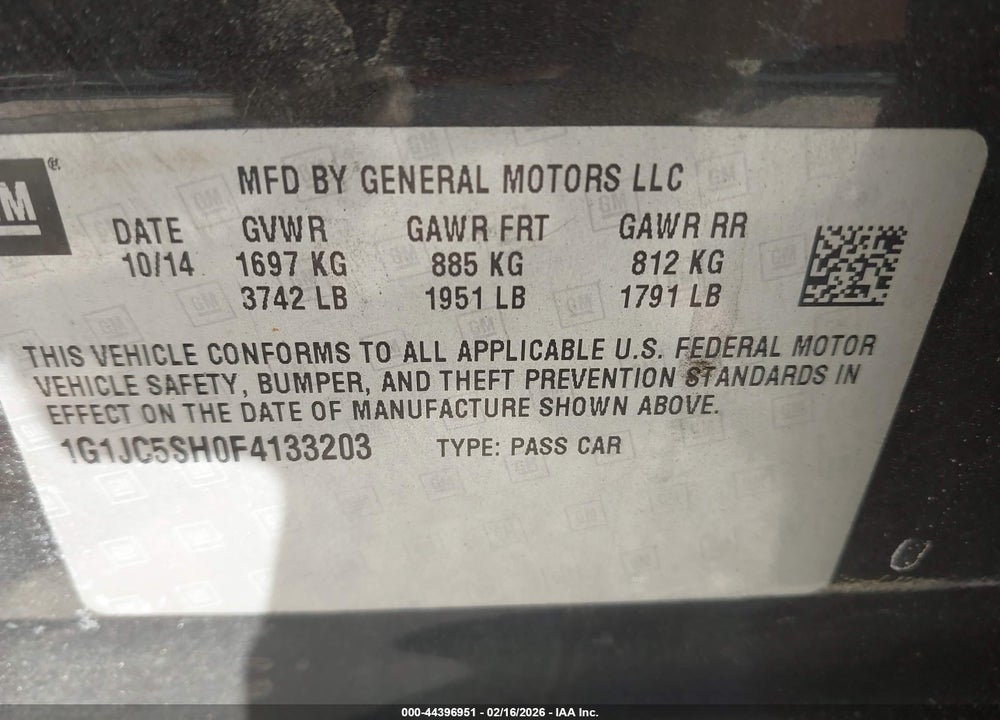 2015 CHEVROLET SONIC LT AUTO VIN: 1G1JC5SH0F4133203