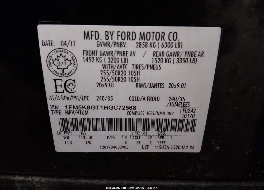 2017 FORD EXPLORER SPORT VIN: 1FM5K8GT1HGC72568