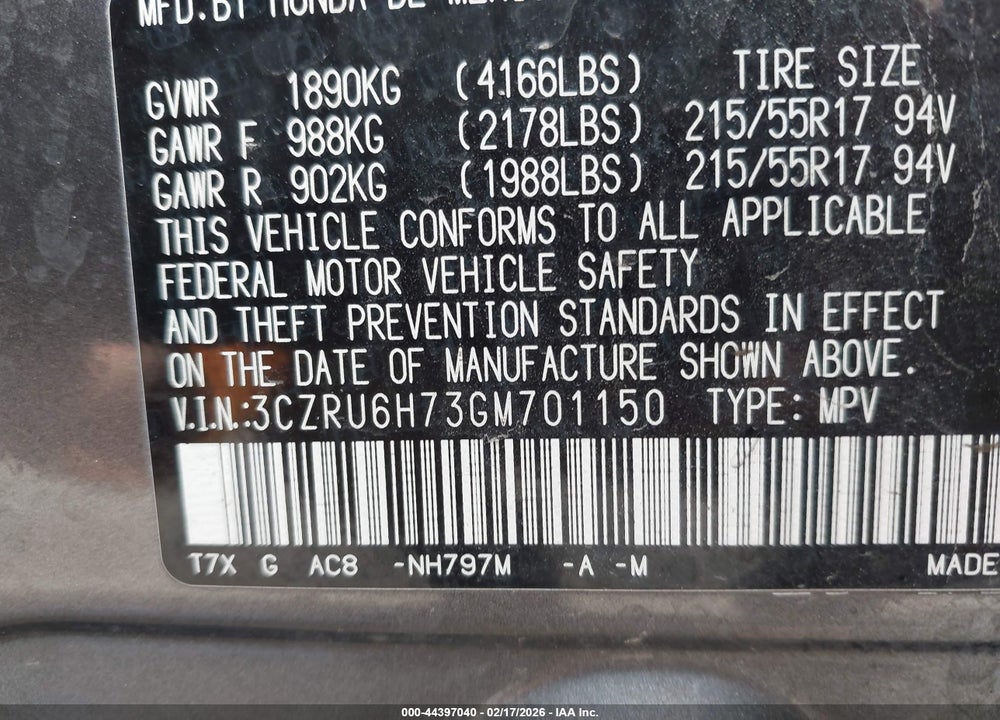 2016 HONDA HR-V EX-L VIN: 3CZRU6H73GM701150