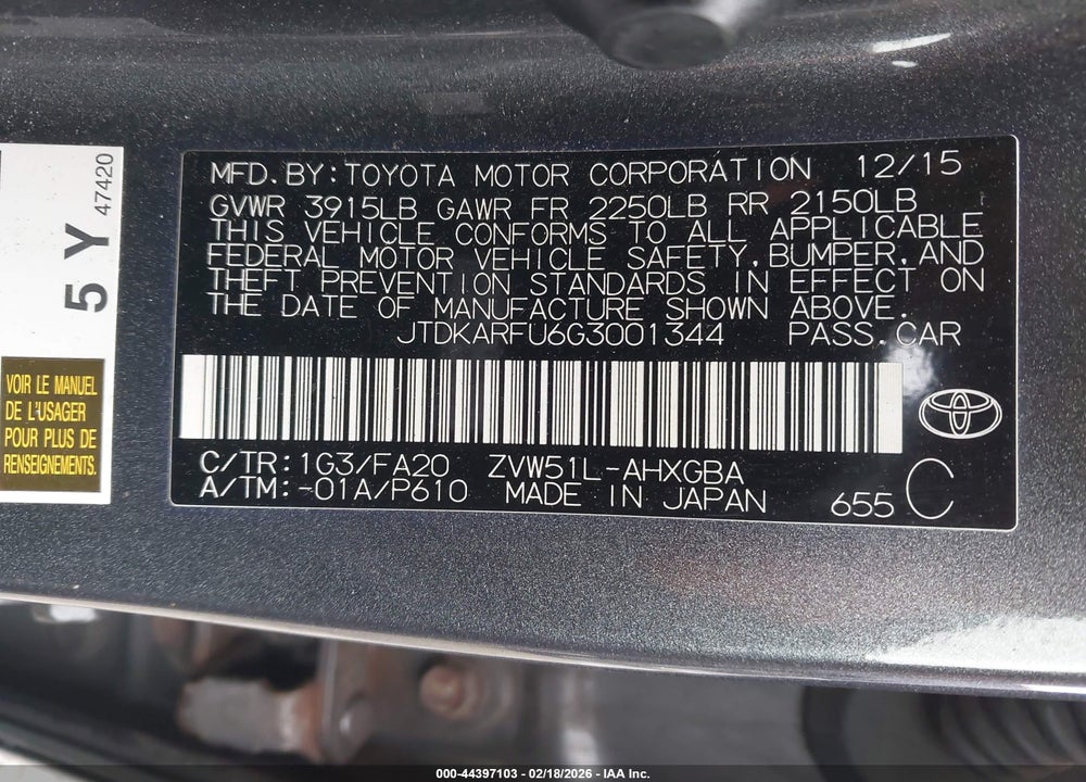 2016 TOYOTA PRIUS THREE VIN: JTDKARFU6G3001344