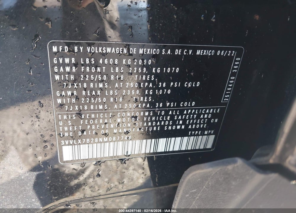 2022 VOLKSWAGEN TAOS 1.5T SE VIN: 3VVLX7B28NM087748