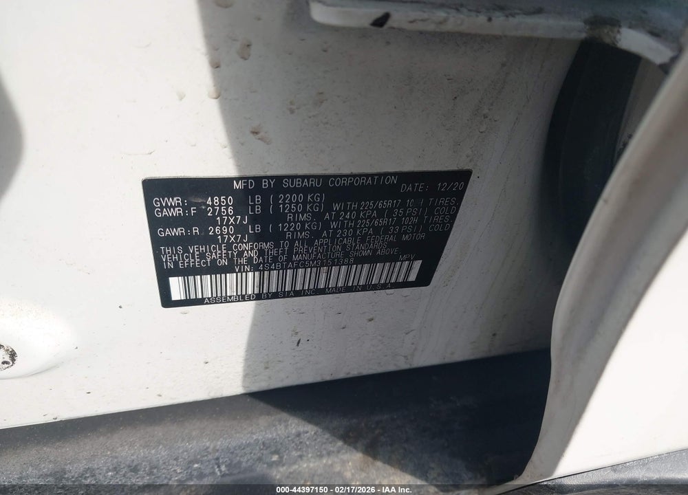2021 SUBARU OUTBACK PREMIUM VIN: 4S4BTAFC5M3151388