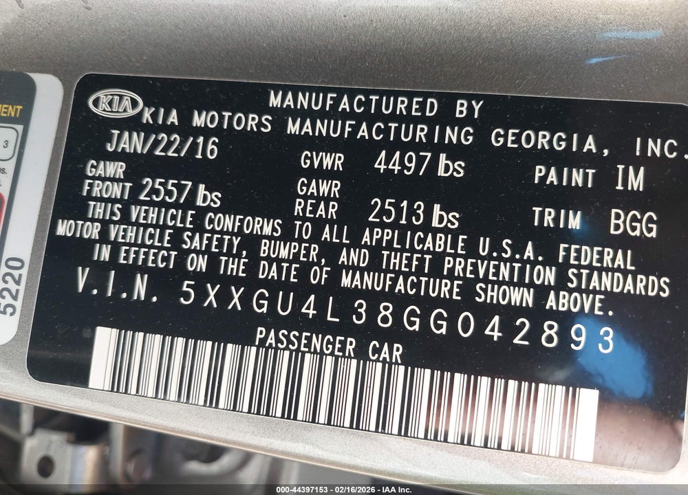 2016 KIA OPTIMA EX VIN: 5XXGU4L38GG042893