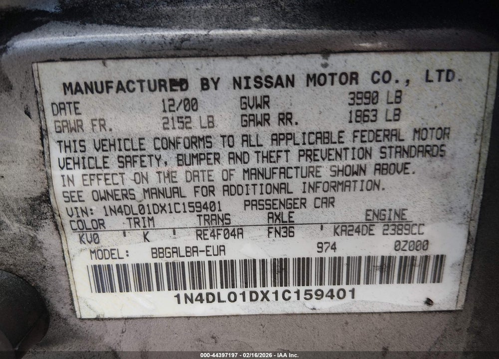 2001 NISSAN ALTIMA GXE VIN: 1N4DL01DX1C159401