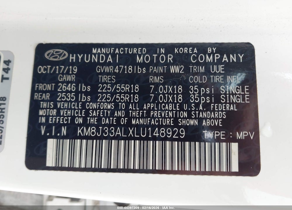 2020 HYUNDAI TUCSON SEL VIN: KM8J33ALXLU148929