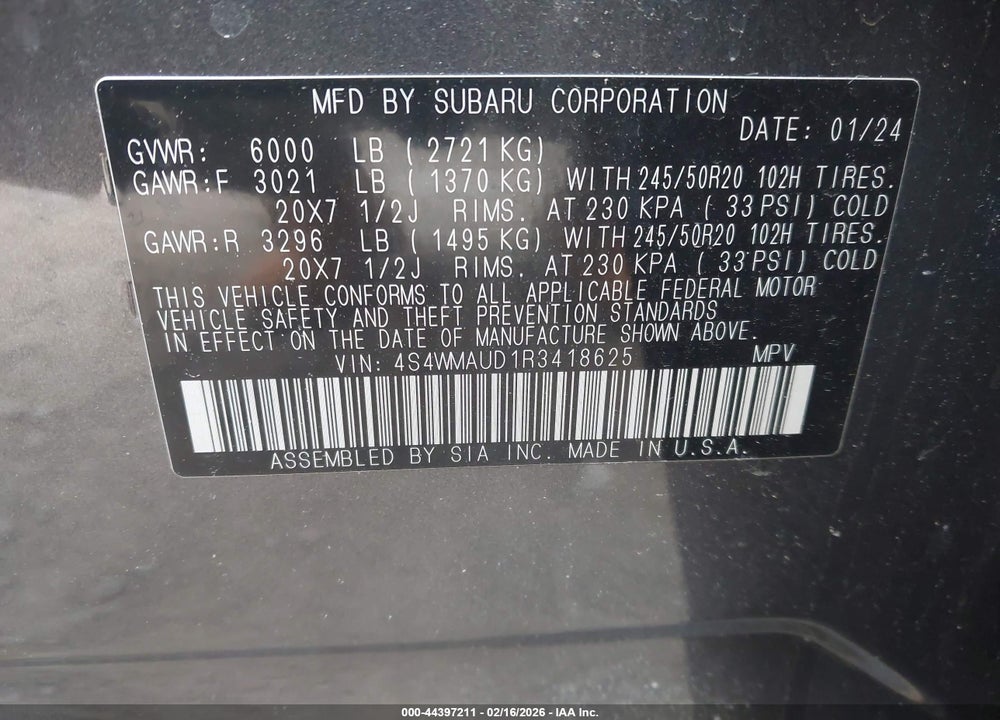 2024 SUBARU ASCENT LIMITED 7-PASSENGER VIN: 4S4WMAUD1R3418625