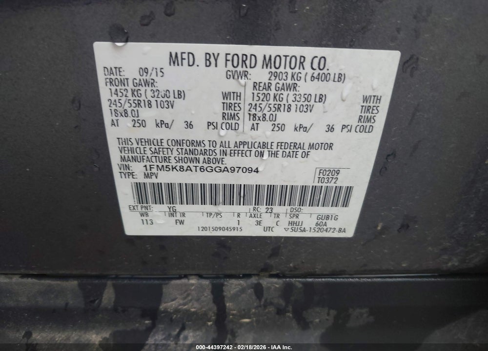2016 FORD UTILITY POLICE INTERCEPTOR VIN: 1FM5K8AT6GGA97094