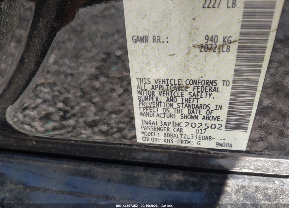 2017 NISSAN ALTIMA VIN: 1N4AL3AP1HC202502
