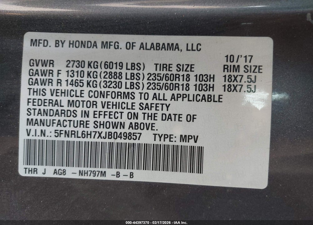 2018 HONDA ODYSSEY EX-L VIN: 5FNRL6H7XJB049857