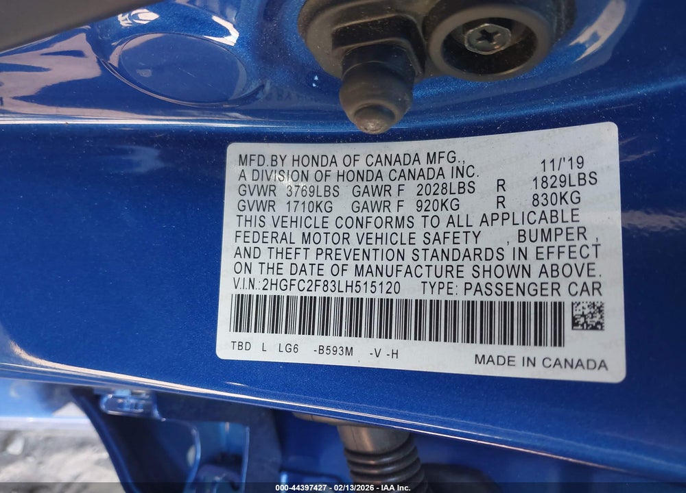 2020 HONDA CIVIC SPORT VIN: 2HGFC2F83LH515120