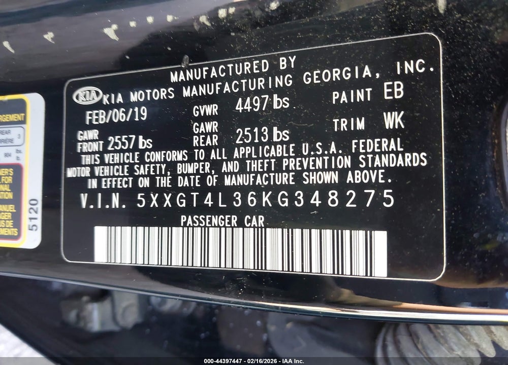 2019 KIA OPTIMA VIN: 5XXGT4L36KG348275