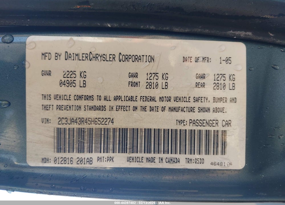 2005 CHRYSLER 300 VIN: 2C3JA43R45H652274