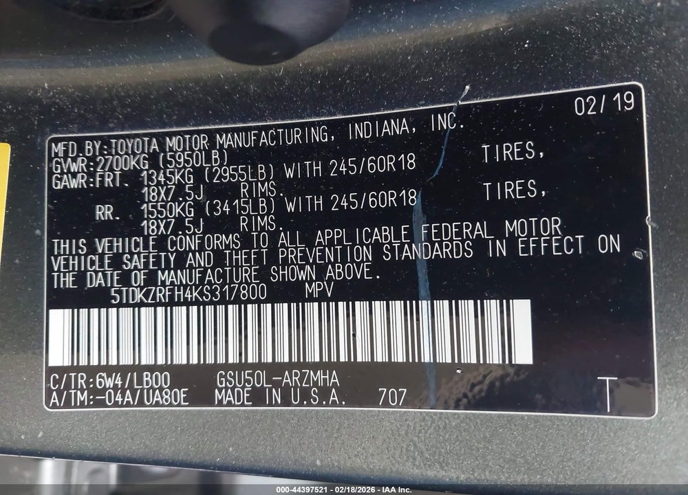 2019 TOYOTA HIGHLANDER XLE VIN: 5TDKZRFH4KS317800