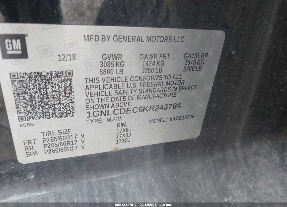 2019 CHEVROLET TAHOE COMMERCIAL FLEET VIN: 1GNLCDEC6KR243784