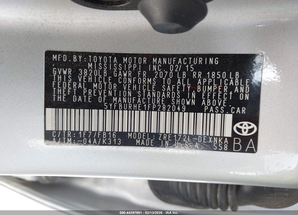 2015 TOYOTA COROLLA LE VIN: 5YFBURHE1FP282049