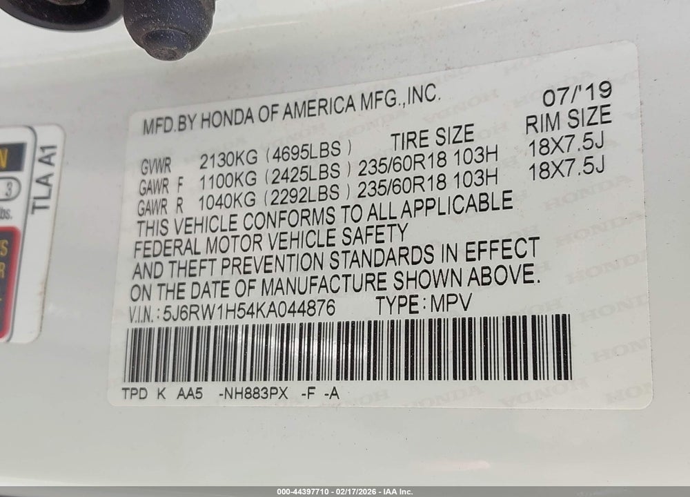 2019 HONDA CR-V EX VIN: 5J6RW1H54KA044876