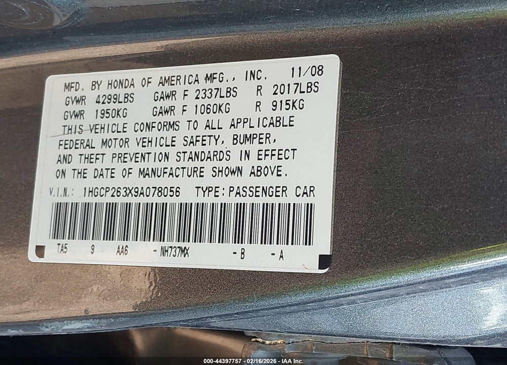 2009 HONDA ACCORD 2.4 LX VIN: 1HGCP263X9A078056