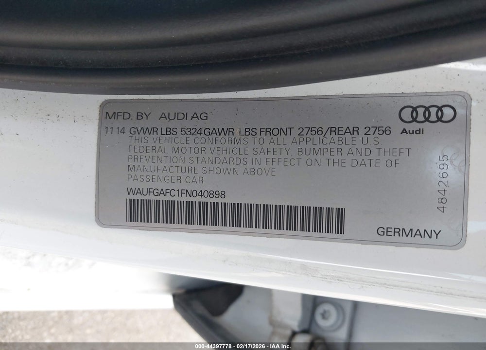 2015 AUDI A6 3.0T PREMIUM PLUS VIN: WAUFGAFC1FN040898