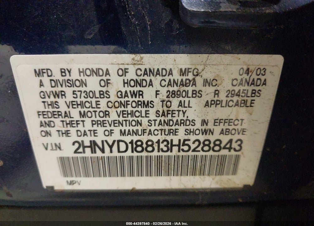 2003 ACURA MDX VIN: 2HNYD18813H528843