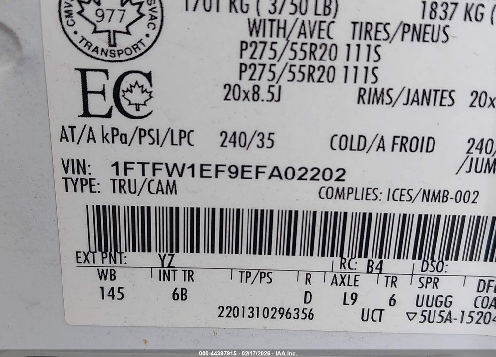 2014 FORD F-150 FX4 VIN: 1FTFW1EF9EFA02202