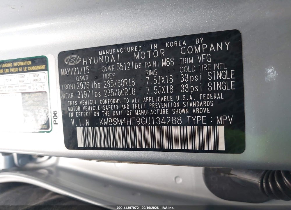 2016 HYUNDAI SANTA FE SE VIN: KM8SM4HF9GU134288