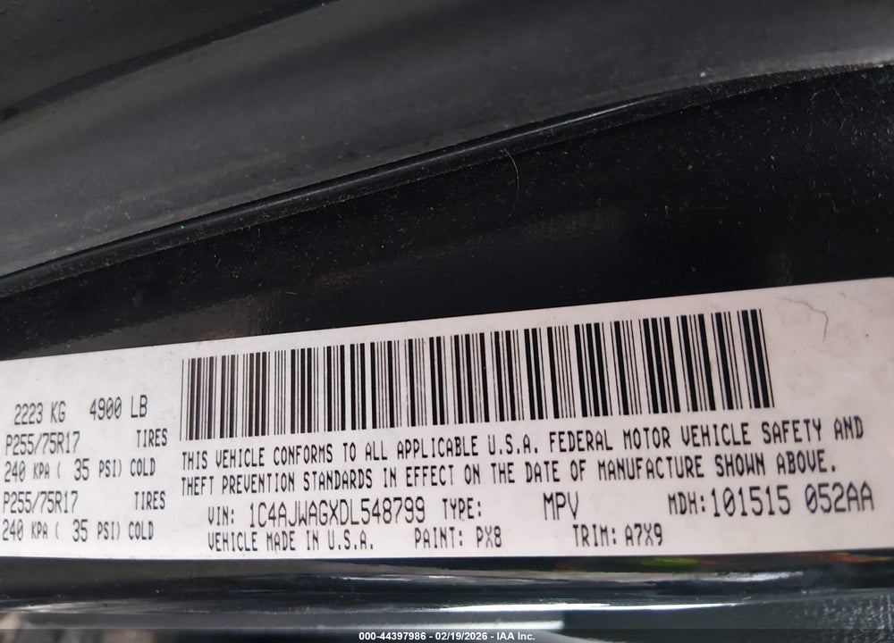 2013 JEEP WRANGLER SPORT VIN: 1C4AJWAGXDL548799