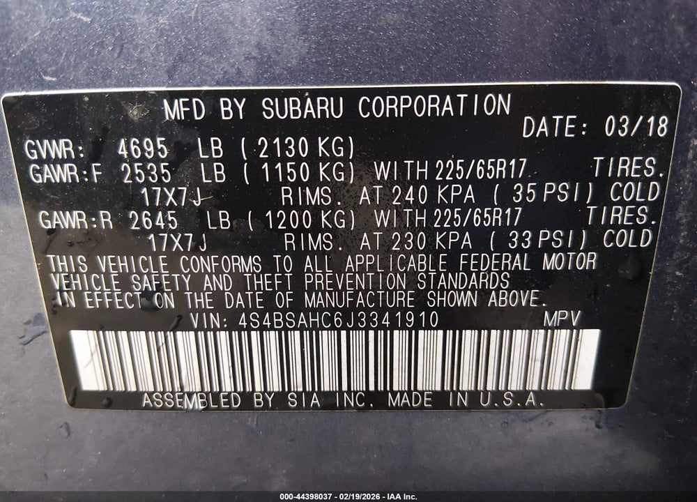 2018 SUBARU OUTBACK 2.5I PREMIUM VIN: 4S4BSAHC6J3341910