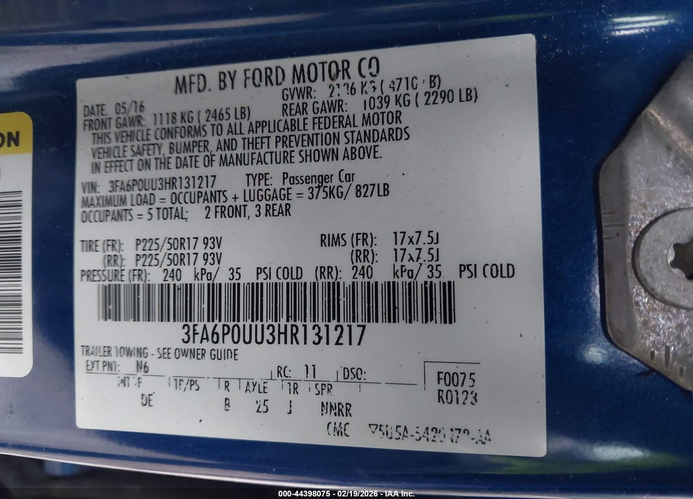 2017 FORD FUSION HYBRID S VIN: 3FA6P0UU3HR131217